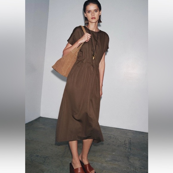 Zara Dresses & Skirts - ZARA Zw Collection Pleated Midi Dress Brown XS